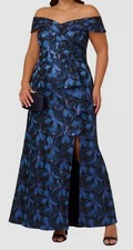Adrianna Papell Women Blue Floral Off-Shoulder Gown Dress Plus Size 16W