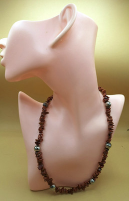 Brown Goldstone Glitter Chips w/silver tone beads 19'' Necklace Lobster Closure