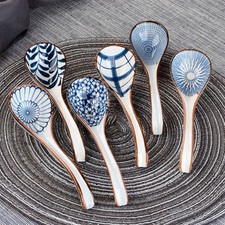 Japanese Soup Spoons Blue White Ceramic Porcelain Asian Spoons 4Pcs