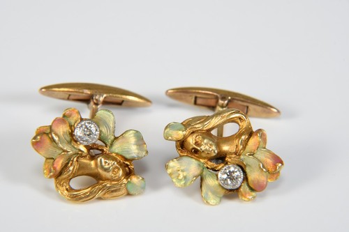 N79L04- Gemelli smaltati oro liberty 585 diamanti e diamanti ct 0,40 circa - Foto 2 di 12