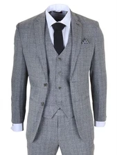 Men's 3-Piece Grey Check Suit Slim Fit Plaid Formal Wear for Parties & Race Day