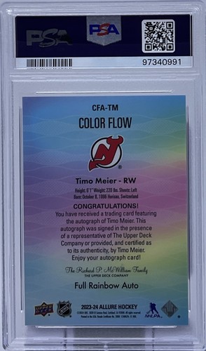 Timo Meier Auto (AU) PSA 10/10 - 2023 Upper Deck Allure “Full Rainbow” - Pop. 1 - Picture 6 of 8