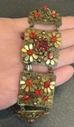 Vintage Czech? Red Rhinestone Daisy Flower Panel Wide Bracelet Costume Jewelry