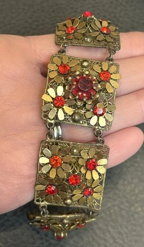 Vintage Czech? Red Rhinestone Daisy Flower Panel Wide Bracelet Costume Jewelry
