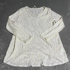 Lucky Brand Top Womens 1X Ivory Textured Embroidered Long Sleeve Shirt Boho