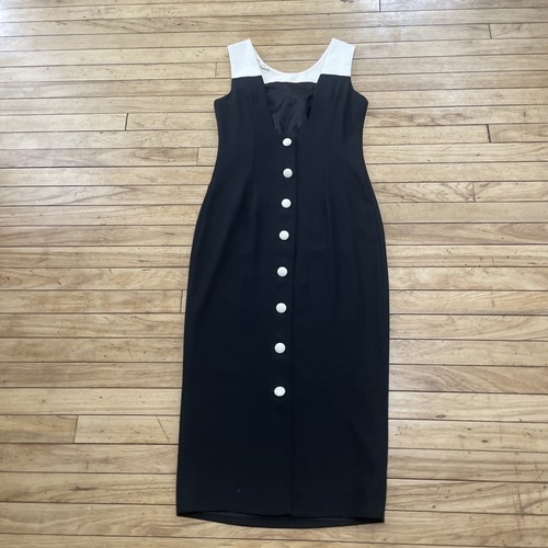 Vintage Datiani Open Back Midi Dress Button Pencil Sz 6 Black Cream Money Rare - Picture 16 of 23