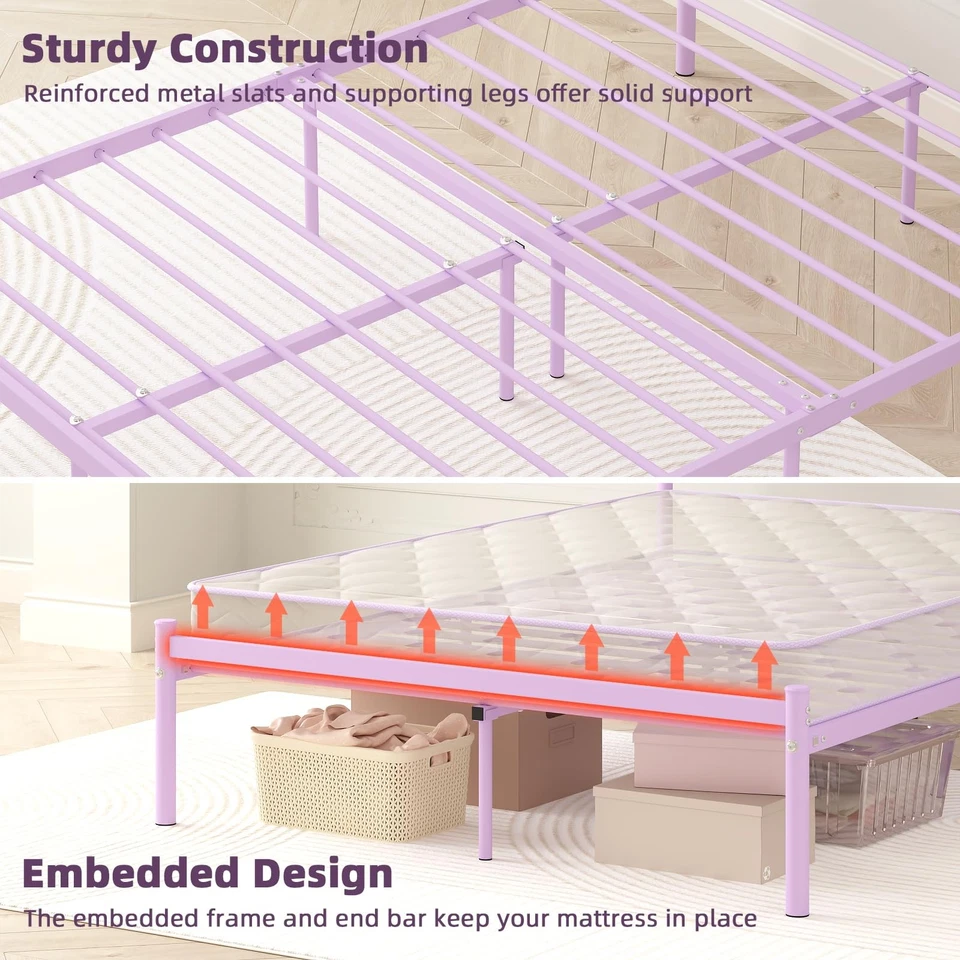 Полноразмерный каркас кровати с изголовьем, сверхпрочные стальные планки опорная платформа Un... - Изображение 4 из 4