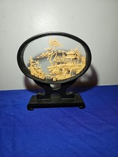 Vintage Asian Cork Art Diorama Hand Carved - Black Lacquer Frame Pagoda 22.5cm