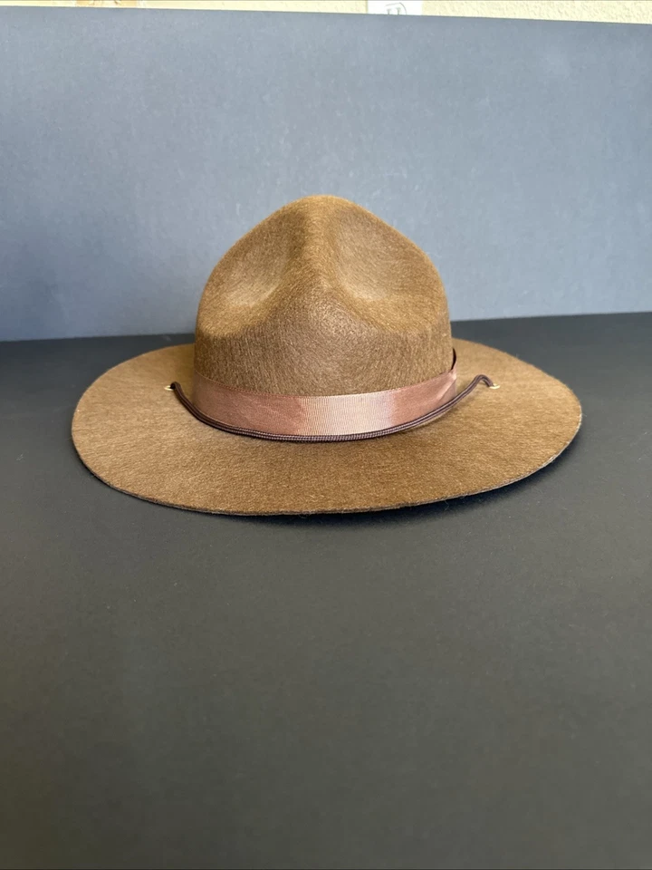 Sombrero de soldado Mountie de fieltro marrón rígido vintage grande o XL Foto 3 de 4