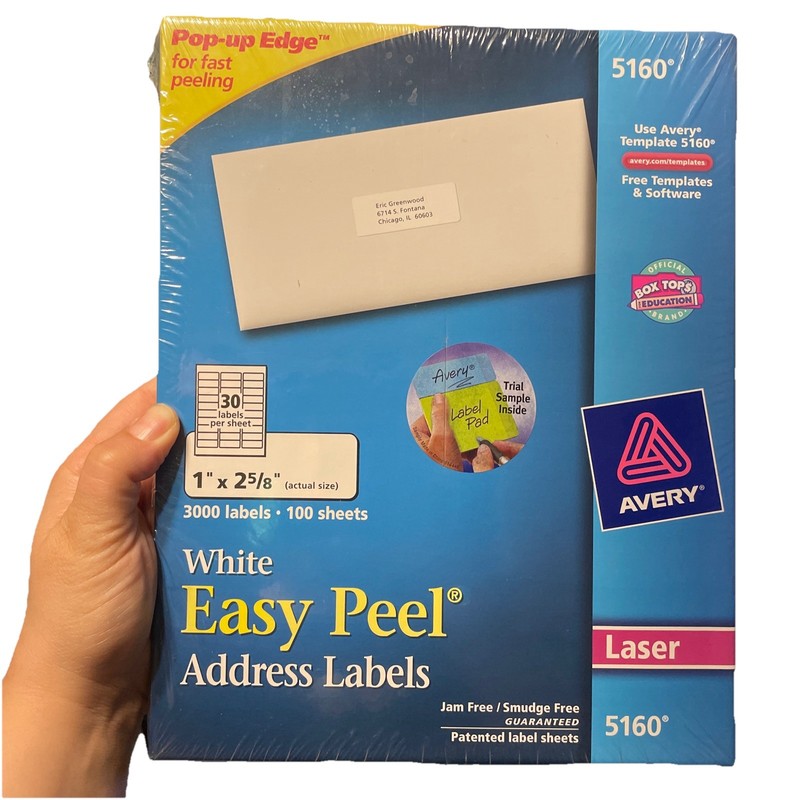 Avery 5160 Easy Peel Address Labels 1 x 2 5/8" 3000 Labels/100sheets - For Laser