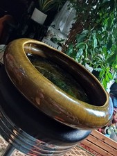 Large Vintage Studio Pottery Bowl 14" Bonsai Planter Glaze Olive Green 3.75kg
