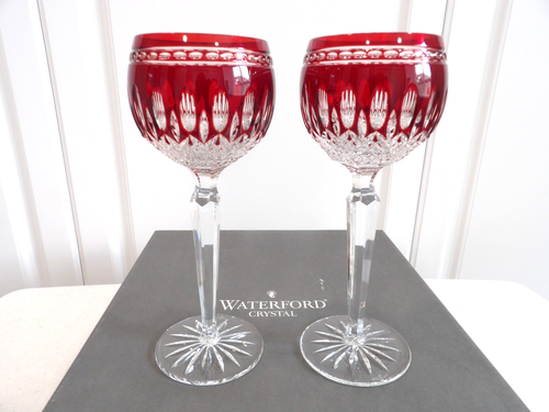 Pair~Waterford Crystal Ruby Red Cut to Clear Clarendon Wine Hocks~Orig Box