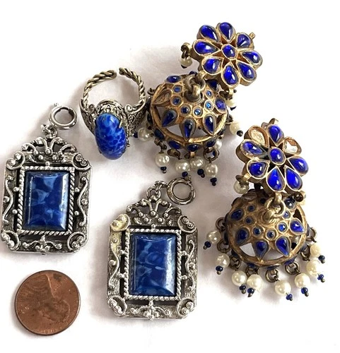 Vintage Costume Jewelry Lot Blue Faux Lapis Charm Pendants, Ring, Earrings