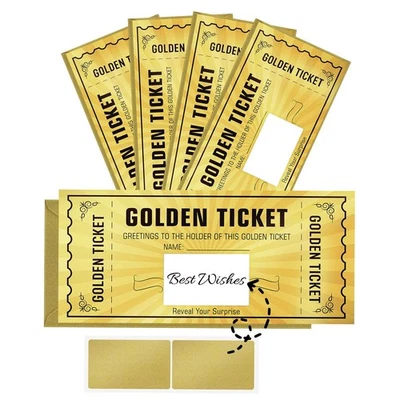 WENMTHG 5 Sets Golden Ticket with Envelope, Christmas Gift Scratch Card Surprise Gift Re