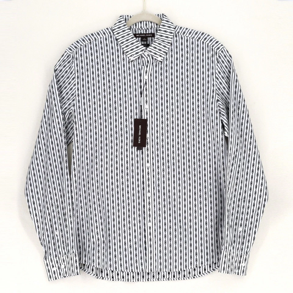 Camisa Michael Kors Para Hombre Blanca/Negro Estampado Imperio Informal Calce Ajustado Botón Talla M Foto 3 de 4