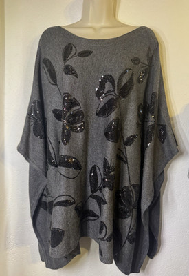 Chico's Gray Butterfly Sequin Poncho Womens XL Cape Top Lagenlook NWT Sparkle