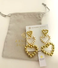 $175 KENDRA SCOTT ASHTON GOLD HEART 3" STATEMENT EARRINGS FRESHWATER PEARL NWT