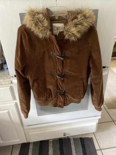 Vintage Campagnie Generale Damen Jacke mit Fellkapuze Braun Größe L