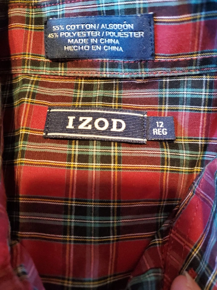  Camisa IZOD Niños LS Talla 12 Regular Abotonada Roja Cuadros Vacaciones Navidad Foto 3 de 4