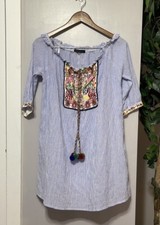 Ilumari Womens Striped Off Shoulder Embroidered Tassel Dress M Blue White