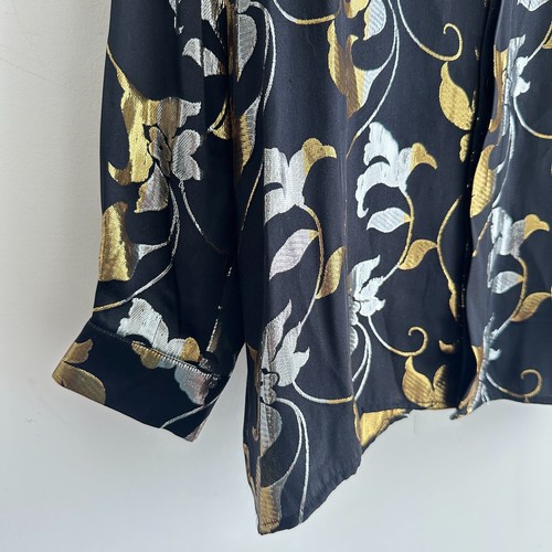 Vintage Silk Shirt Mens Small Black Gold Glam Baroque Metallic Rave Disco Party - Picture 9 of 13