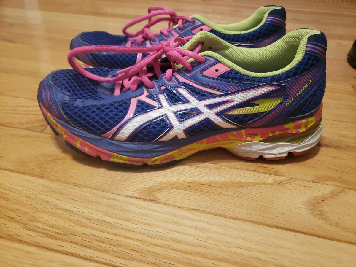 Asics Gel Flux 3 Athletic Running Sneakers Blue Neon Yellow Pink