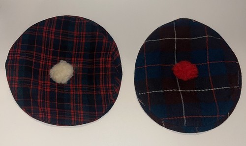 VTG Knit Plaid Tartan Newsboy Caps Pom Poms Red Green Yellow Blue Youth