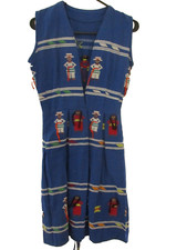 vintage Mexican dress people embroidery blue fit flare cotton S