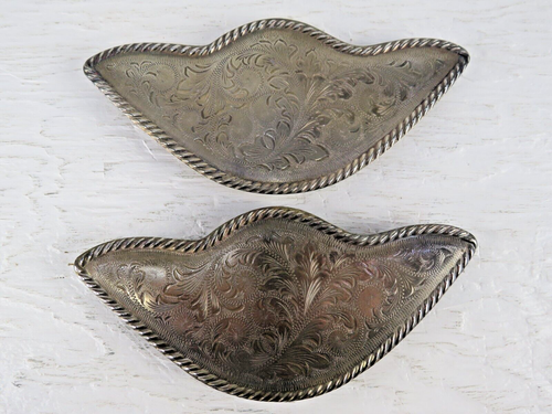 2 Vintage Hand Engraved Silver 6 5/8" X 3 1/8" Saddle Plates Alpaca Mexico