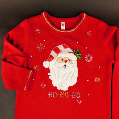 Woman Christmas Sweater M Red Gold Trim Santa Beaded Eyes Furry Beard Ho Ho Ho - Picture 2 of 12