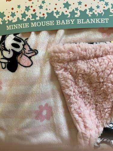 DISNEY MINNIE MOUSE REVERSIBLE BABY BLANKET SHERPA BACK PINK WHITE BLACK SOFT - Picture 2 of 5