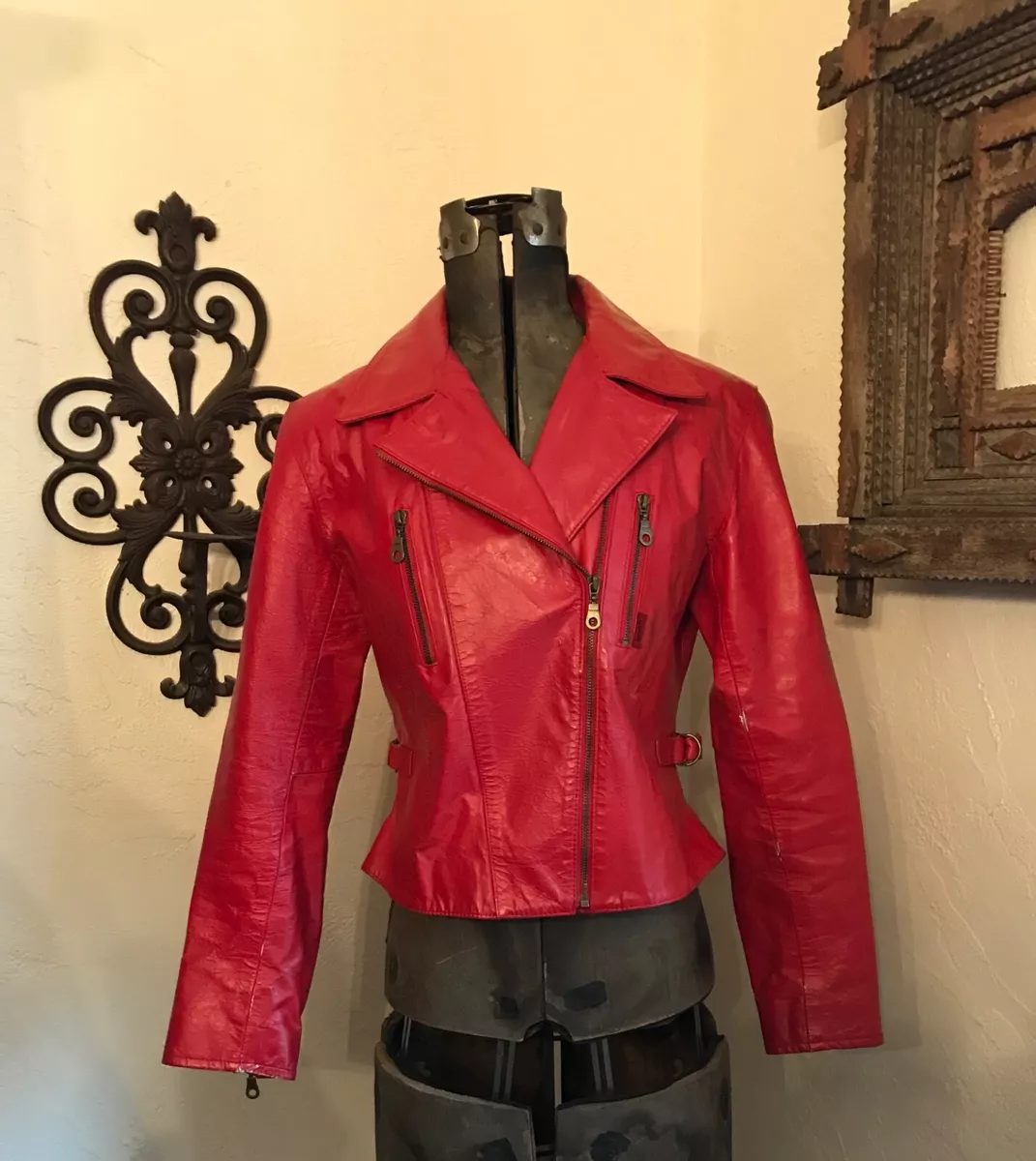 VINTAGE 1990 s Guess Red Leather Biker Motorcycle Jacket M