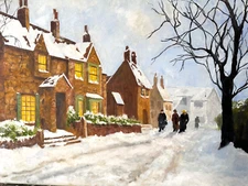 Painting Of Snowy day in town in oils on 18 x 24" canvas by R.W.Weiss