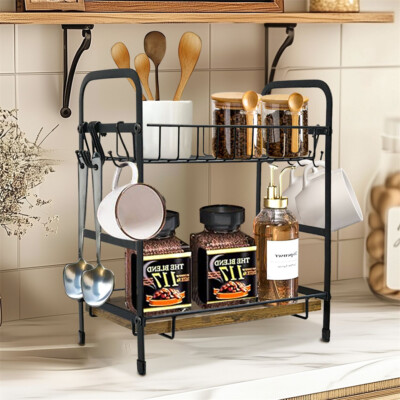 Rustic 2-Tier Coffee Station Organizer Wooden Kitchen Counter