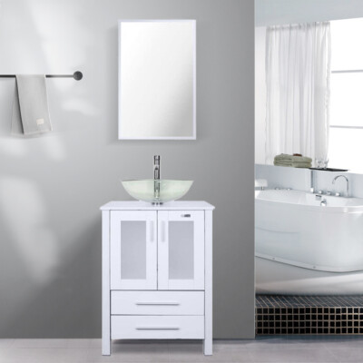 24'' White Bathroom Vanity Cabinet Set Vessel Tempered Glass Sink No Mirror