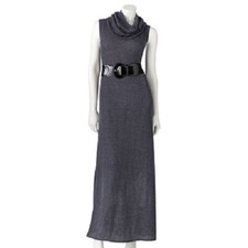 Women's / Junior's LARGE Grey Cowlneck Sleeveless Belted Maxi Long Dress - Gray