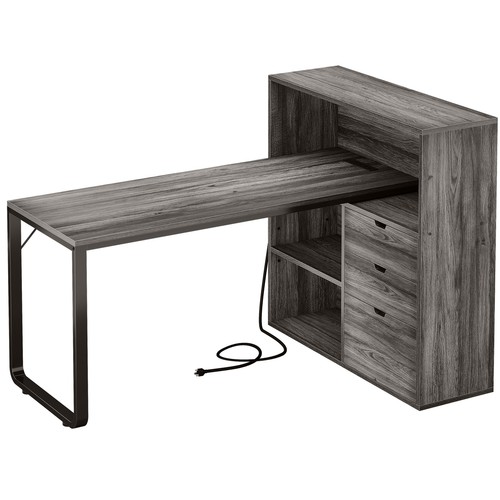 55" L Shaped Office Computer Desk Shelves File Drawers Storage LED Power Outlet - Picture 9 of 12