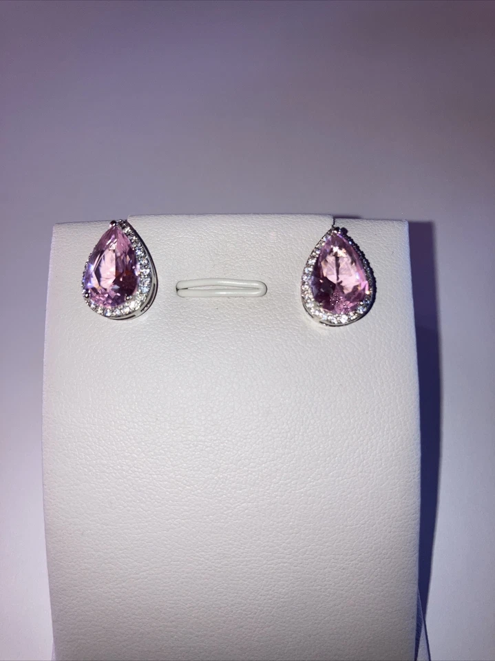 Tear Drop Pink Sapphire Earrings in White CZ Halo - Image 2 of 4