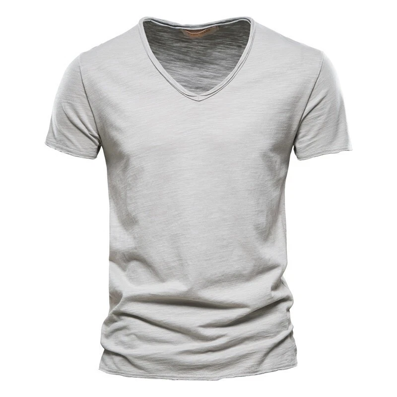 New Men T-shirt V-neck Cotton Short Sleeve Casual Slim Solid T Shirts Summer Tee - Image 3 of 4