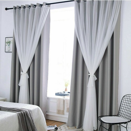 1x Blackout Curtains Double Layer for Bed Room Lace Tulle Drape Eyelets - Picture 10 of 17