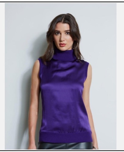 Elie Tahari XL Silk Satin Turtle Neck Top Sleeveless Wool Cashmere Sweater - Picture 9 of 9