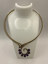 Torc Necklace with Amethyst Coloured Beads, Brass, Boho, Ethnic, Torque