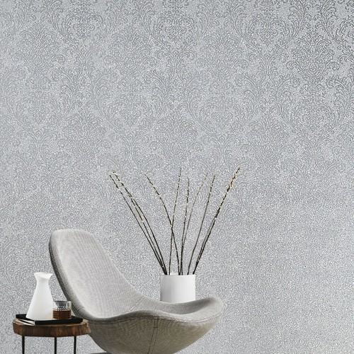 Faux Mica vermiculite stone wallpaper gray silver metallic Victorian damask 3D - Picture 2 of 12