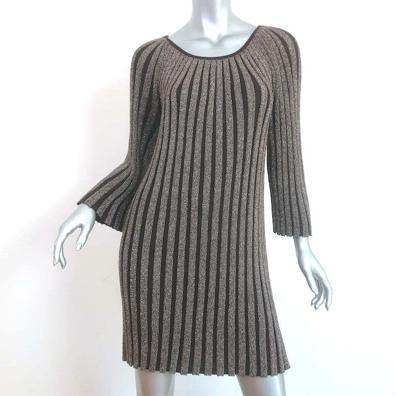 Alice + Olivia Belted Mini Dress Gold/Brown Metallic Ribbed Knit Size Medium - Image 2 of 4