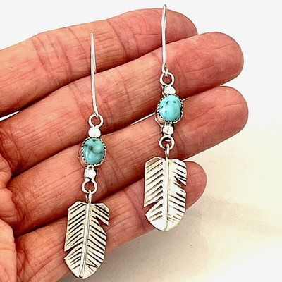 Long Navajo Turquoise Feather Earrings 2.5'' Sterling 925 Signed Hooks Dangle