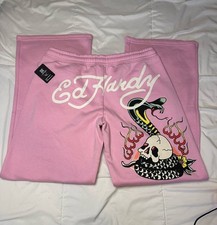 NWT ED HARDY Bubblegum Pink Skull Snake Flare Sweats White Logo Women s L