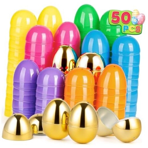 Jumlys 42 PCS 2.4" Plastic Easter Eggs with 8 Golden Eggs, Empty Easter Eggs
