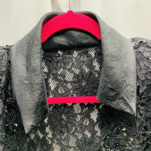 Vintage 90s Bolero Jacket XL Black Floral Sequined Silk Collar Witchy Fairy Goth - Picture 5 of 12