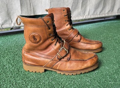 Polo Ralph Lauren Ranger Boots Tan Tumbled Leather Brown Buckle Lug Sole Mens 13