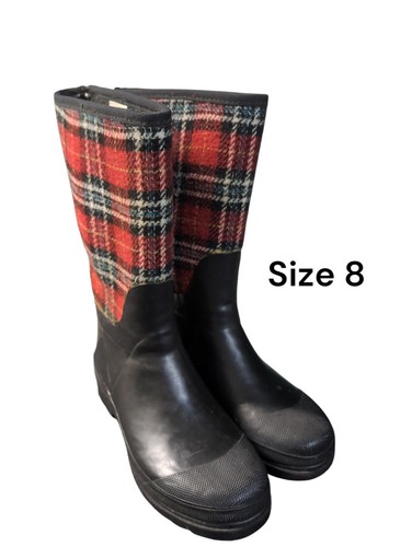 Merona Women’s Black & Plaid Mid Calf Rubber Rain Boots Sz 8 - Picture 1 of 5